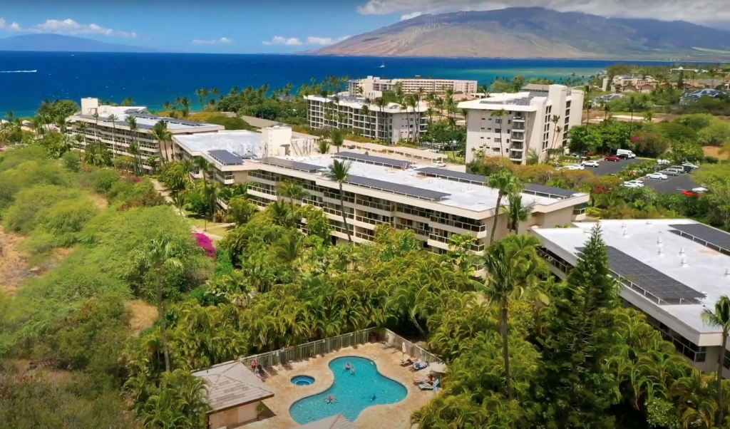 Aerial photo of the Maui Banyan Resort Vacation Rental located at 2575 S. Kihei Road T-204 in South Maui.